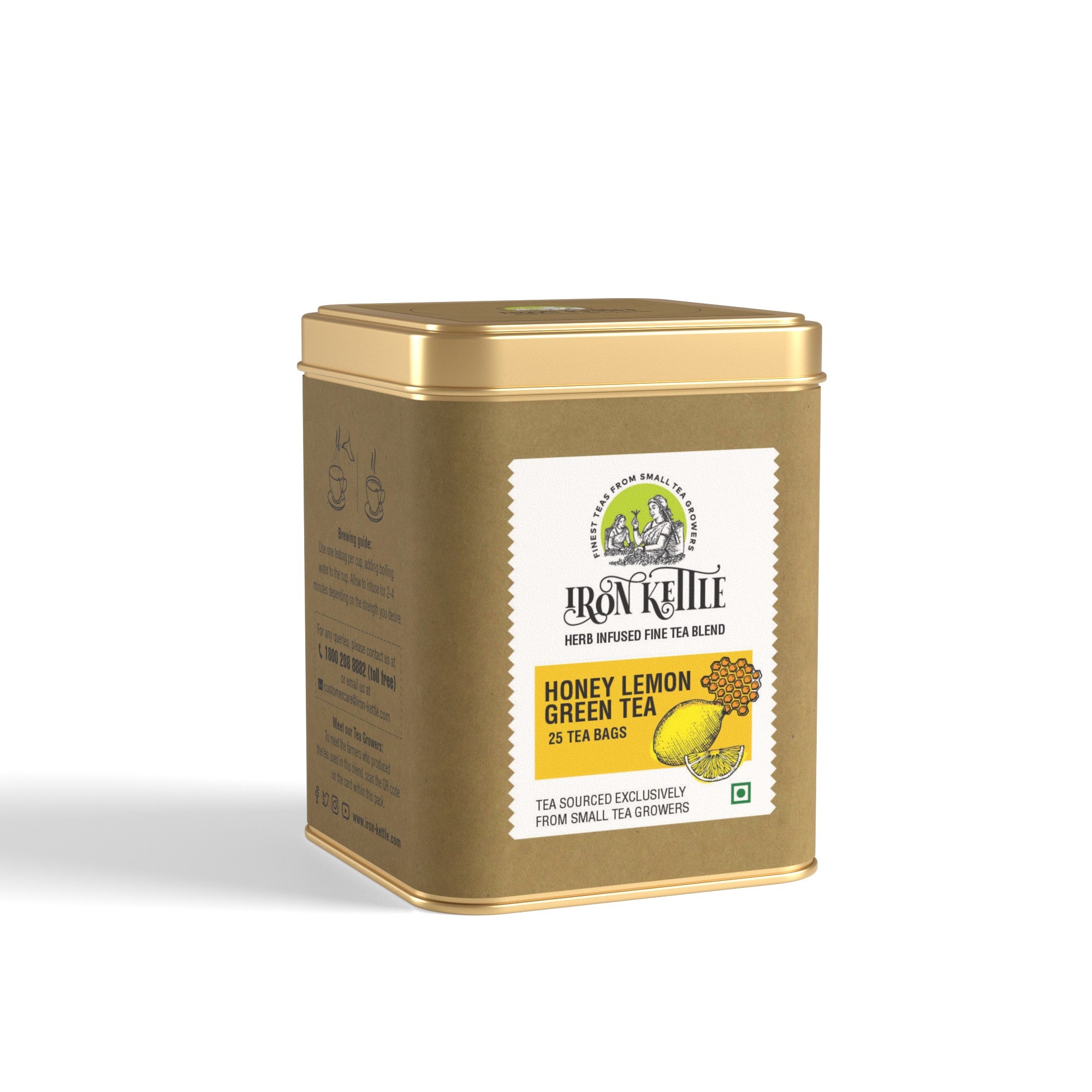 Side angle of Honey Lemon Green Chai tin with clean white background, emphasizing premium packaging of this fruit flavoured tea.