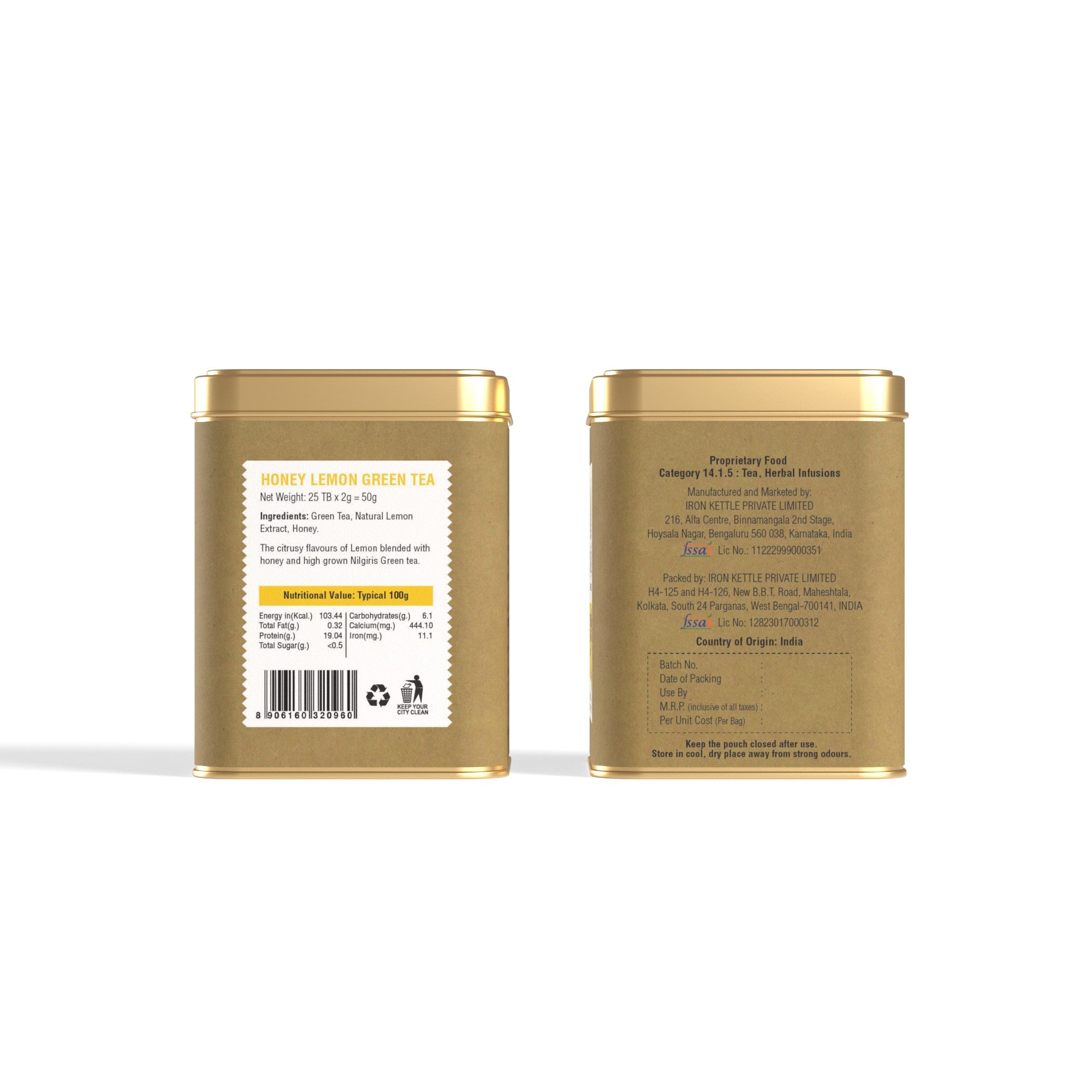 Back and side view of Honey Lemon Green Chai tin showing ingredients and nutritional info, perfect for health-conscious tea lovers.