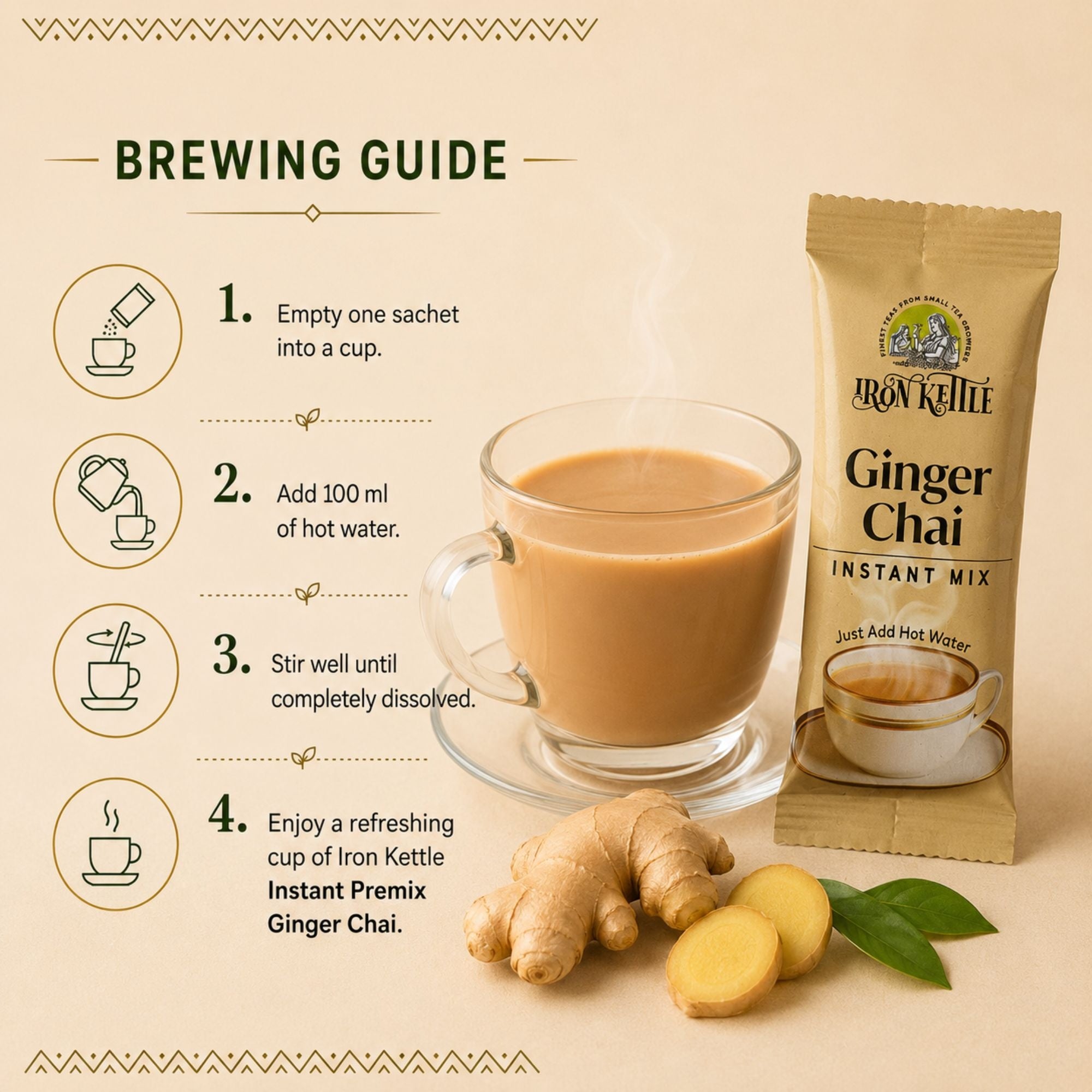 Iron Kettle Instant Premix Ginger Chai / 12 Pack in Box / 14gm each