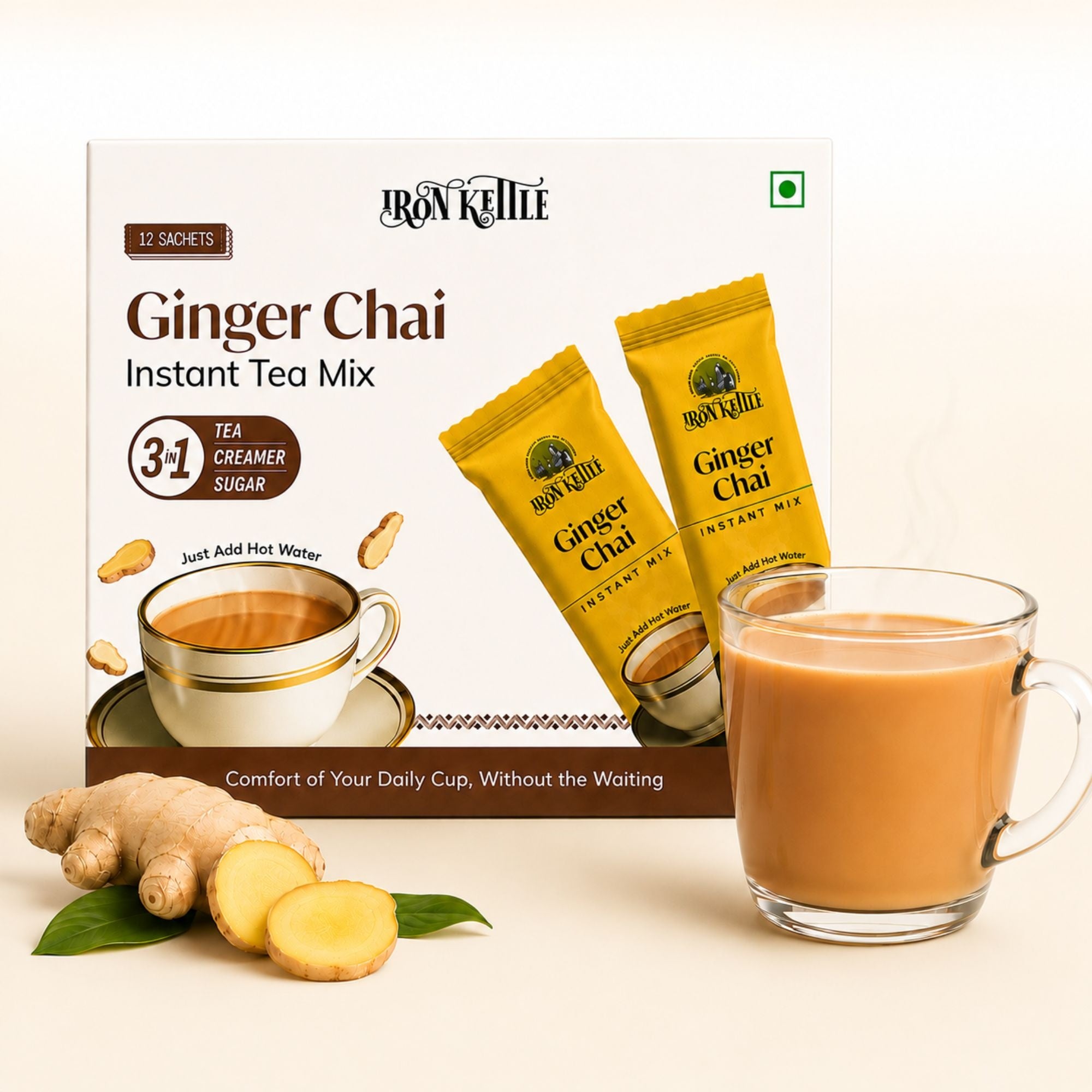 Iron Kettle Instant Premix Ginger Chai / 12 Pack in Box / 14gm each