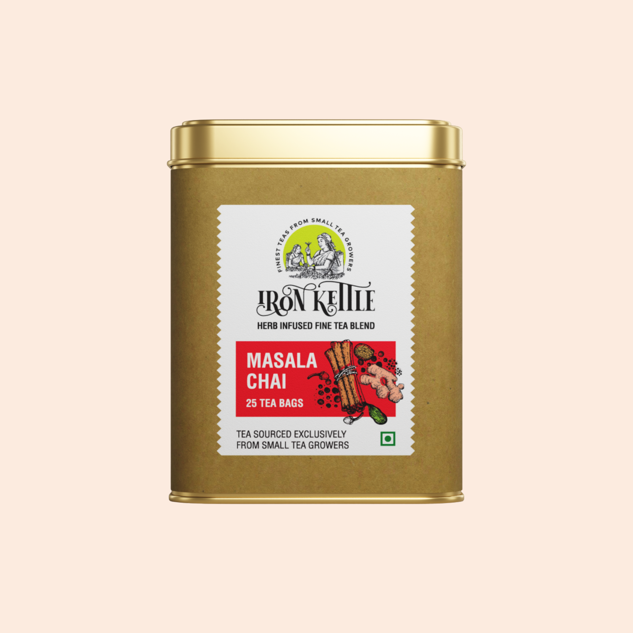 Strong Desk Routine Combo Masala Chai tin with 25 tea bags, featuring bold Indian spices in a premium gold container. Ideal for daily tea lovers.
