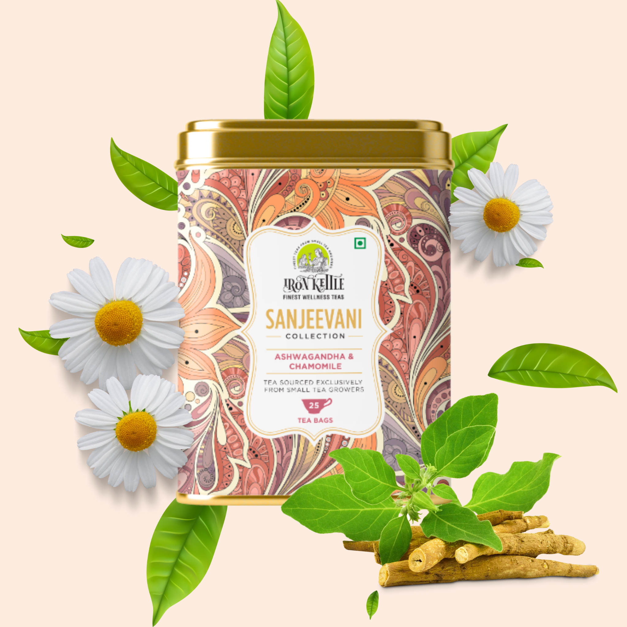 Strong Desk Routine Combo Sanjeevani Collection tin with chamomile flowers and ashwagandha roots, perfect for calming tea moments during busy days.