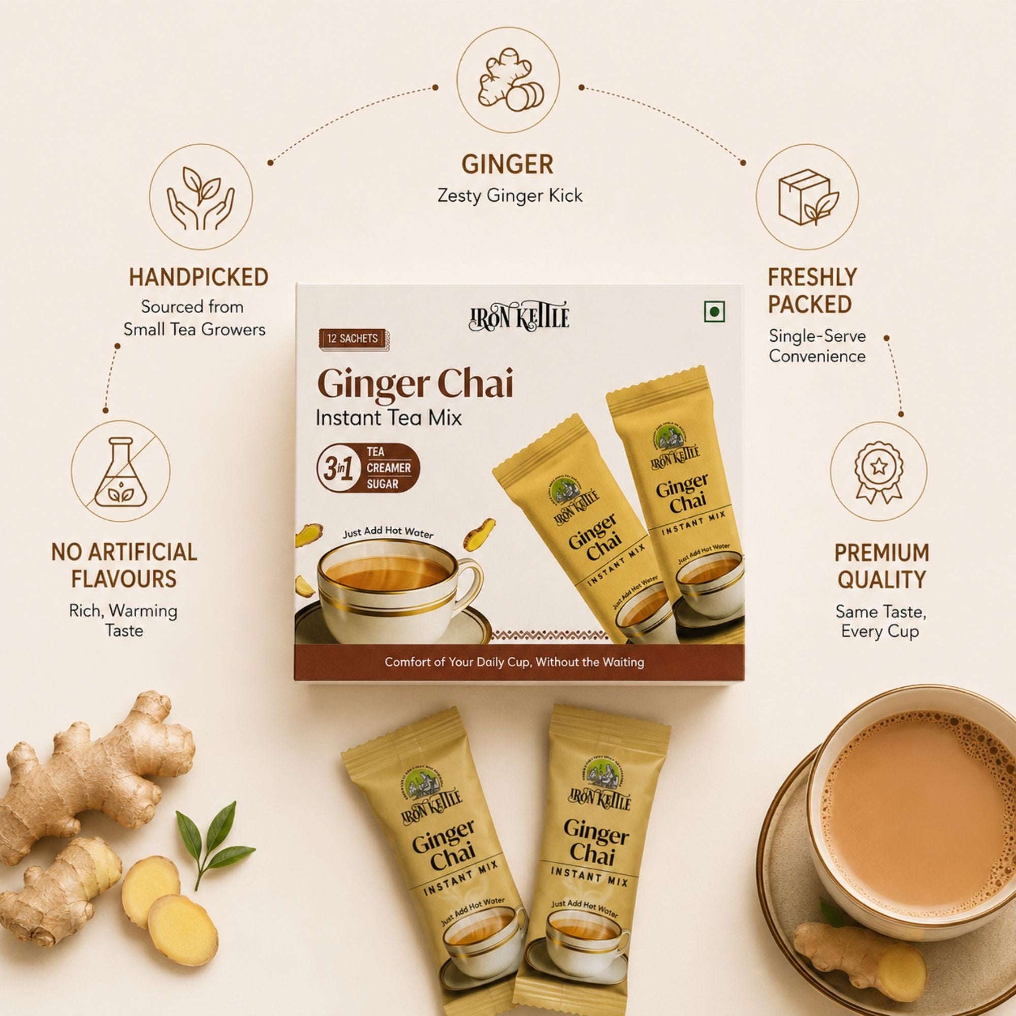 Iron Kettle Instant Premix Ginger Chai / 12 Pack in Box / 14gm each